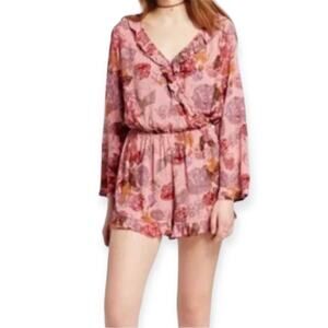 Mossimo Supply Co. Pink Floral Rose Romper Long Bell Sleeves Romantic Size Small